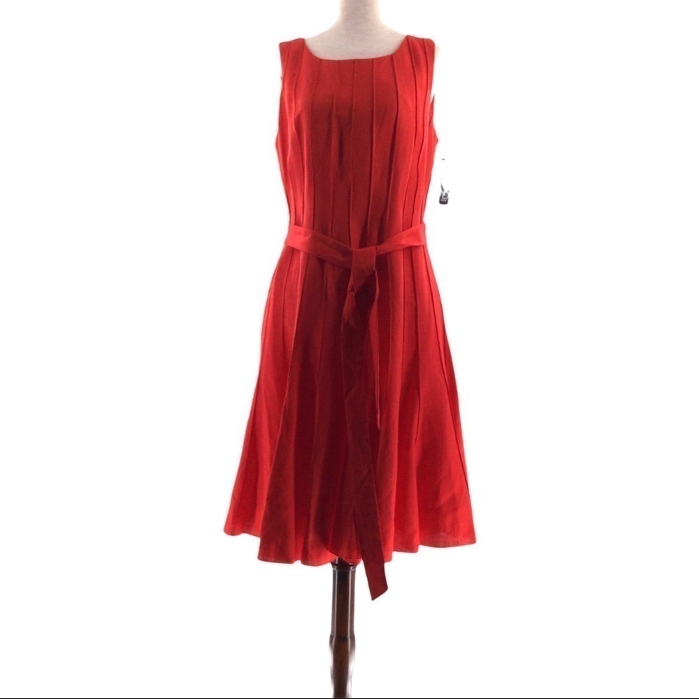 New Direction Dress Linen Blend Pleated Pintuck‎ Tie Waist Dress